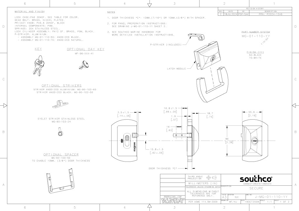 Entry Door Lock w/ Striker Black, Master 1/4 Birth Entry Latch 