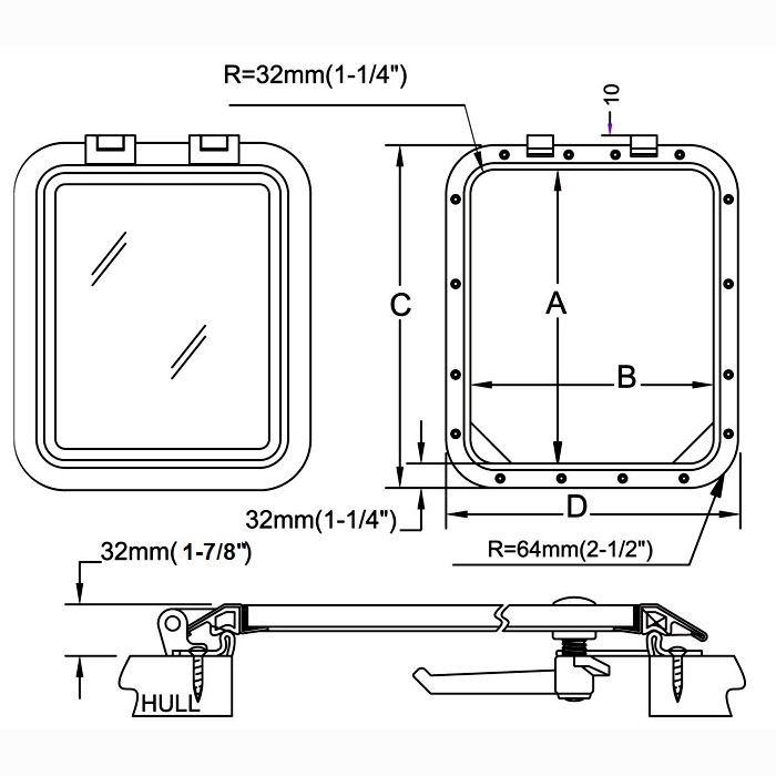 Man Ship DH Stainless Regular Profile Deck Hatches, Inside/Outside Opening