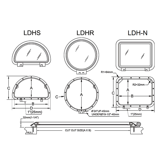 Man Ship LDHS Stainless Friction Half Moon Low Profile Deck Hatches, Inside Opening Only