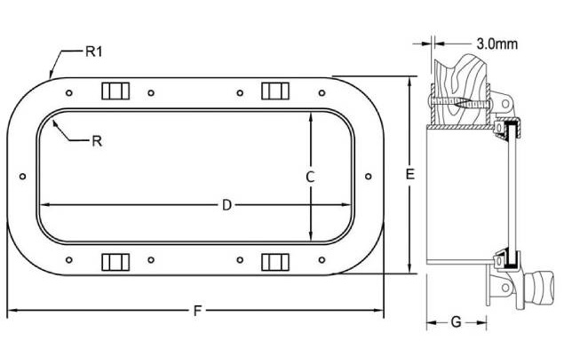 Man Ship Stainless Steel Rectangular 4-3/4 x 14-3/4 Portlight With Straight Spigot, Drain Tube