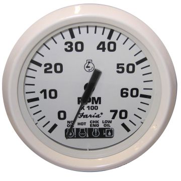 Faria Dress White 4&quot; Tachometer w/Systemcheck Indicator - 7000 RPM (Gas) (Johnson / Evinrude Outboard)