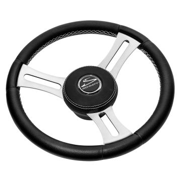 Schmitt Marine Torcello Elite 14&quot; Wheel - Black Leather &amp; Cap - White Stitching - Polished SS Spokes - 3/4&quot; Tapered Shaft