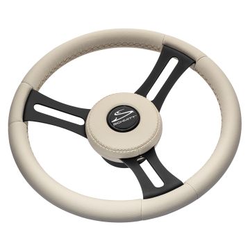 Schmitt Marine Torcello Elite 14&quot; Wheel - Beige Leather &amp; Cap - White Stitching - Black SS Spokes - 3/4&quot; Tapered Shaft